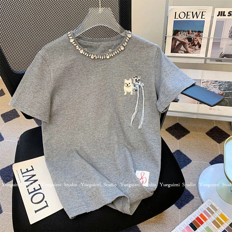 特大码重工镶钻灰色t恤女夏装2025新款欧货宽松设计感小众上衣