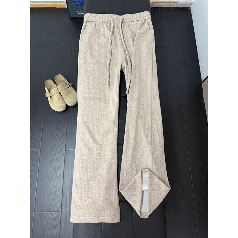 老钱风条纹毛呢裤子男秋冬季高级垂感慵懒休闲裤直筒宽松阔腿长裤