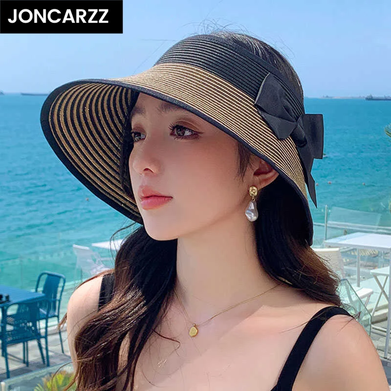 JONCARZZ大檐空顶防晒帽可折叠防紫外线蝴蝶结草帽女夏季草编帽