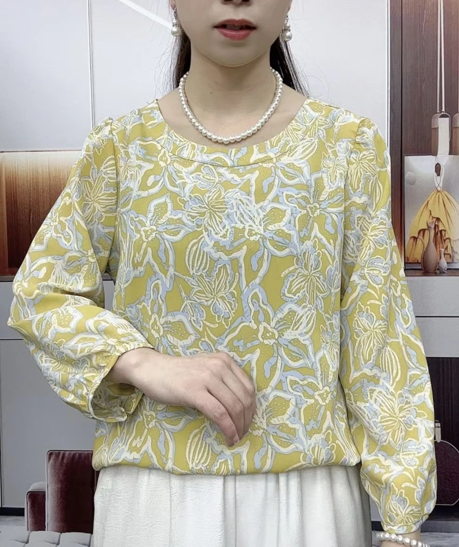 【长袖黄花】夏季新款圆领短袖轻奢高定中老年妈妈装气质减龄女上衣