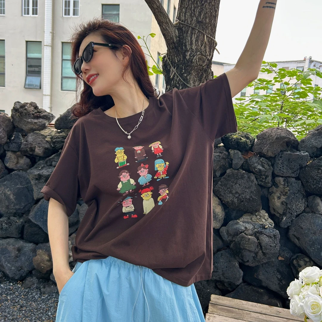 设计师欧式韩版创意趣味卡通人物印花圆领短袖宽松T恤时尚宽松型