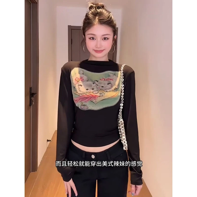 大码美式辣妹印花正肩长袖t恤女秋季新款遮肉显瘦别致漂亮上衣潮