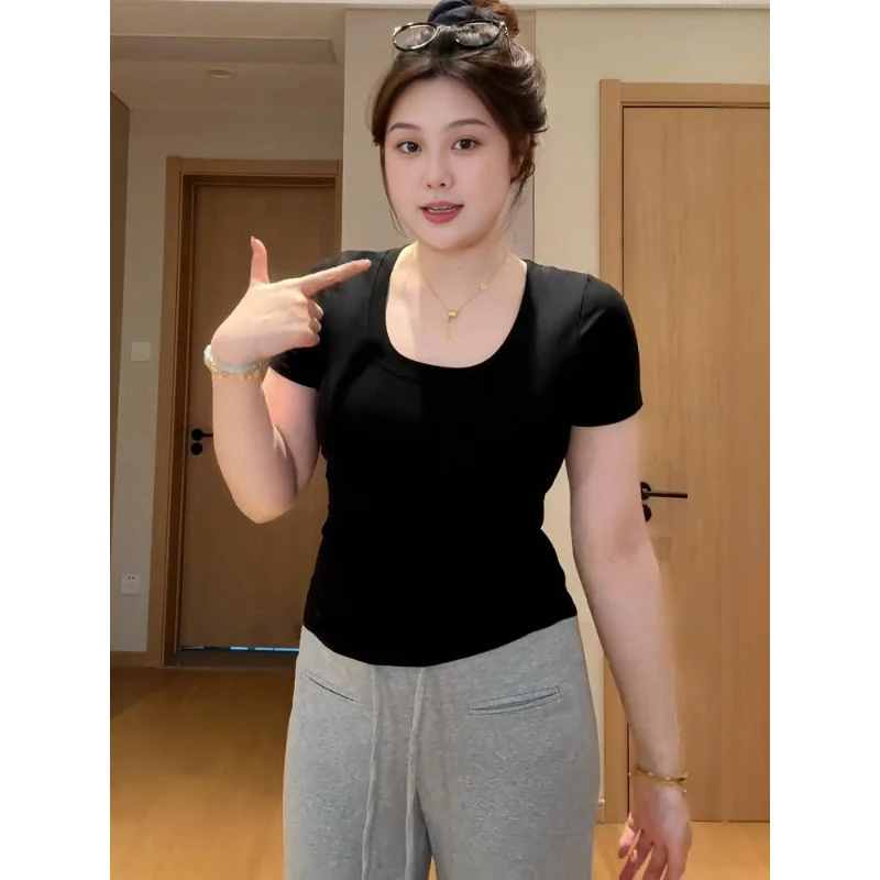 大码胖mm设计感辣妹u领正肩短袖t恤女夏季修身显瘦内搭打底衫上衣