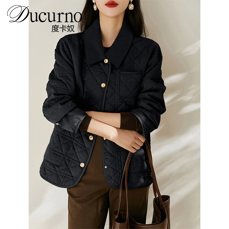 度卡奴时髦奶奶风绗缝菱格翻领灯芯绒薄款棉服外套女2025秋冬上衣