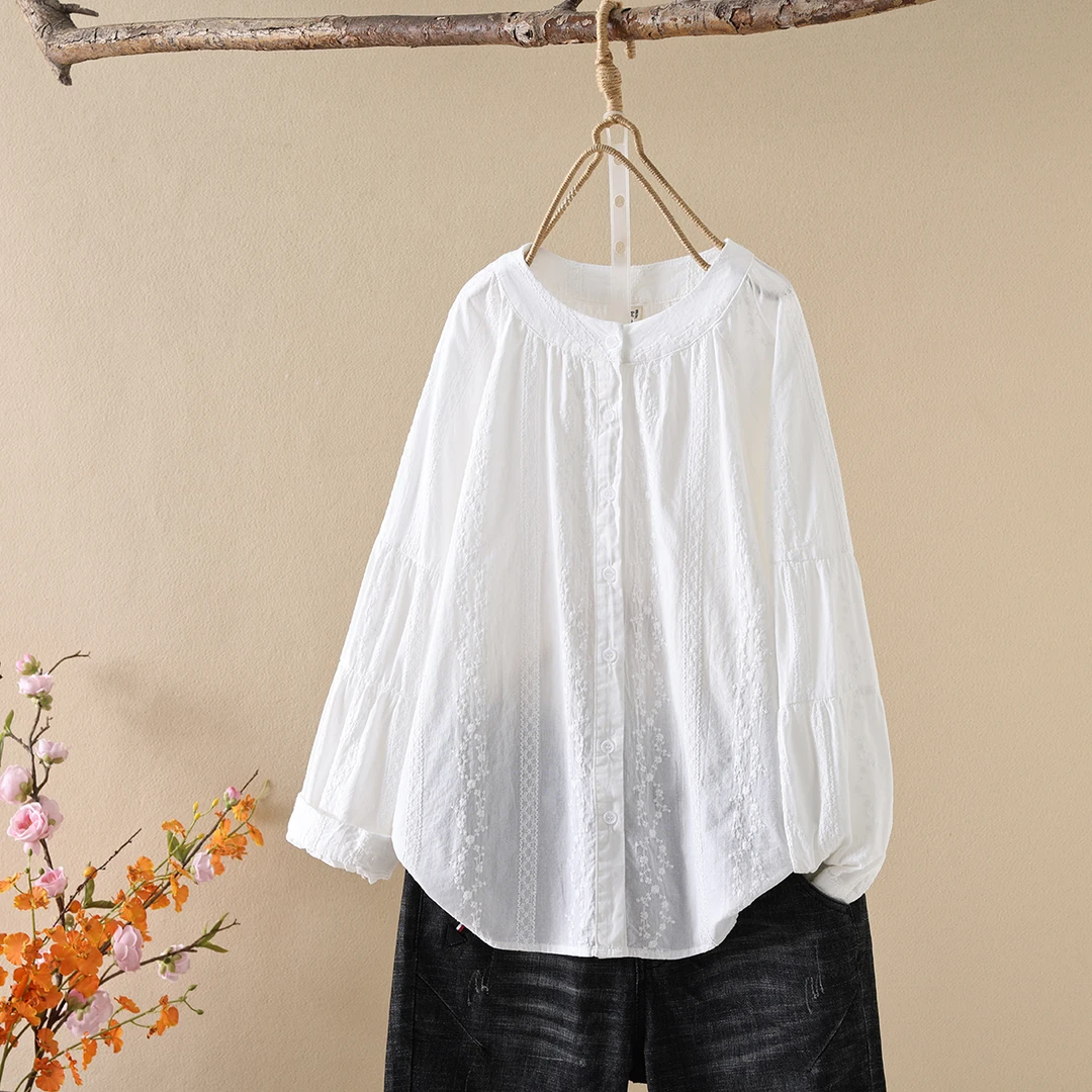 纯棉洋气气质时尚立领满绣刺绣衬衫女长袖白色绣花蕾丝复古小清新