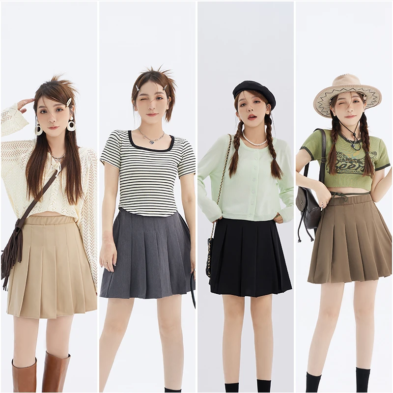 【C】胖mm纯色短裙新款甜美风百搭百褶裙  8936