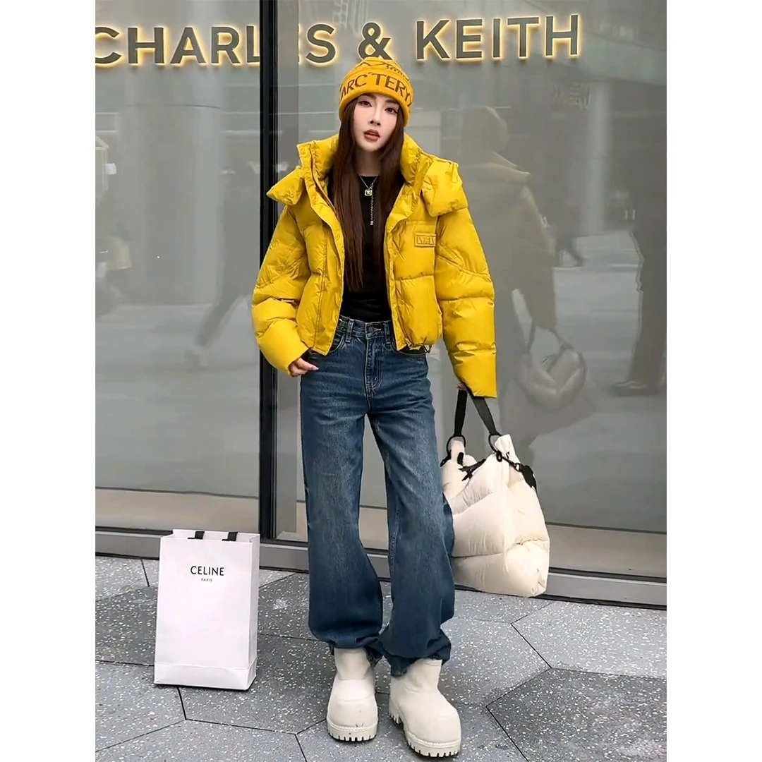 欧货加厚保暖连帽黄色羽绒棉服女2025冬新款高级感宽松短款面包服