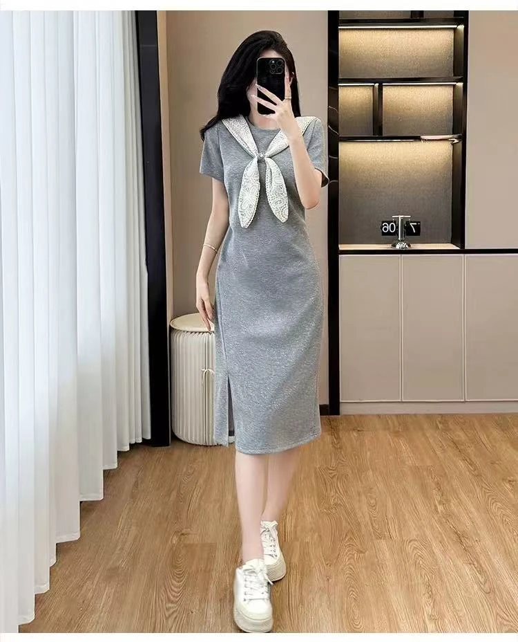 2025年夏季新款拼接蝴蝶结坎肩气质短袖连衣裙女时尚气质减龄收腰