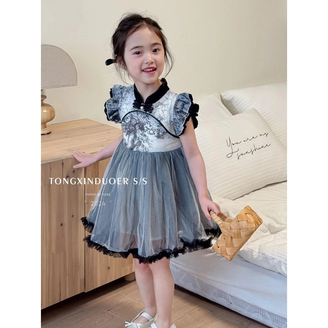 TX-5001-儿童韩系时尚百搭水墨画洋气复古纱裙（夏款）