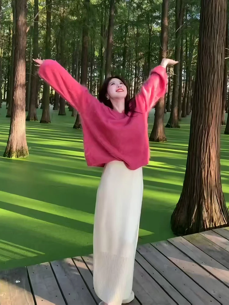 2025秋季时尚气质日常穿搭休闲风法式圆领套头款毛衣高腰半身裙女