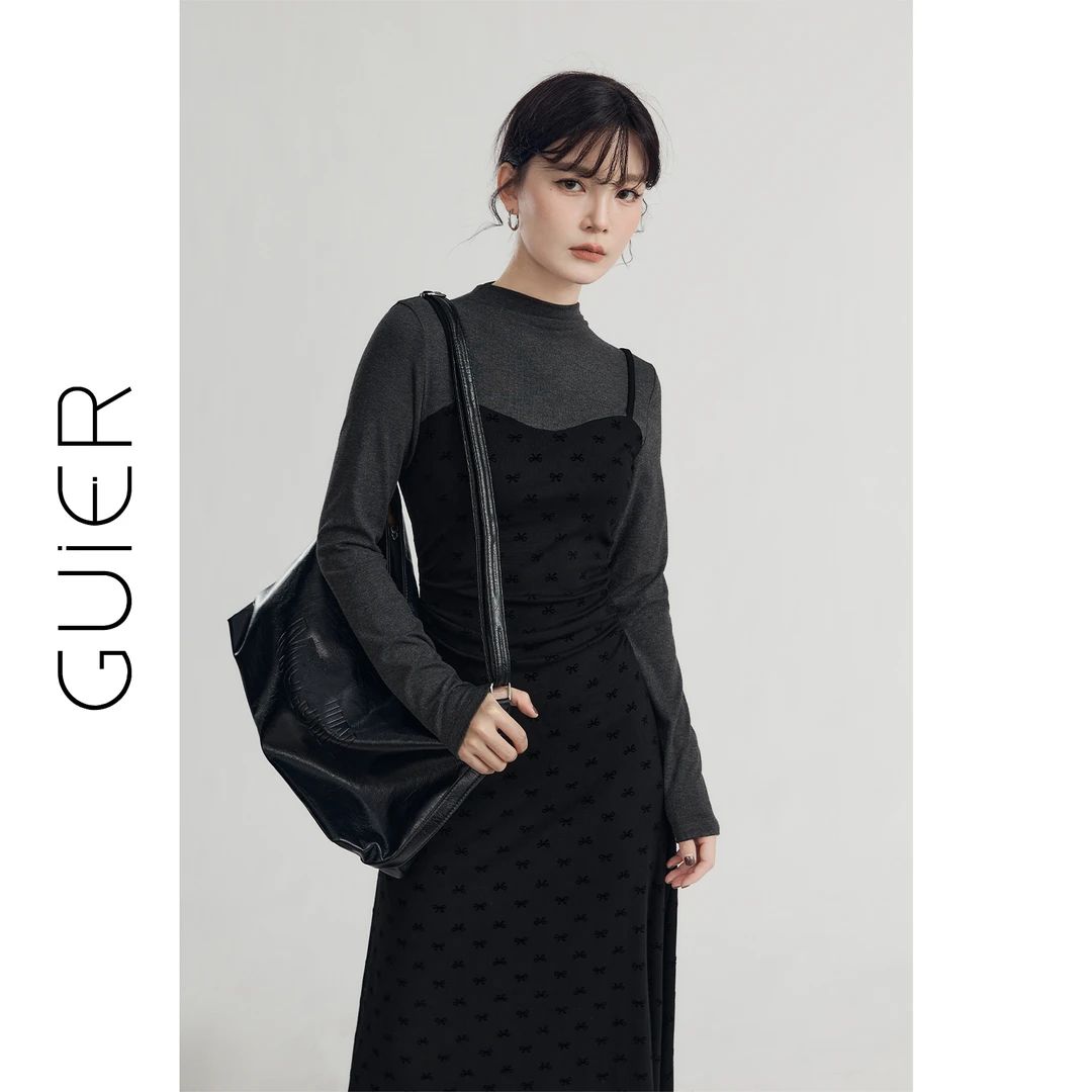 GUIER/桂儿 拼接法式假两件连衣裙女秋季2025修身收腰长裙XH4200