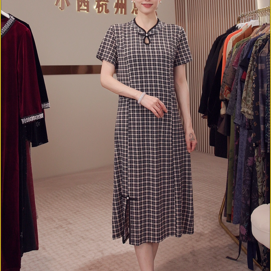 【黄小西】新款格子冰雪丝开叉洋气端庄改良旗袍连衣裙8082-170
