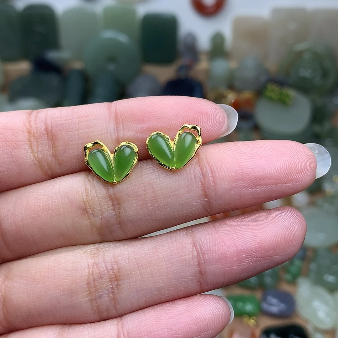 和田玉耳钉银S925镀金镶嵌