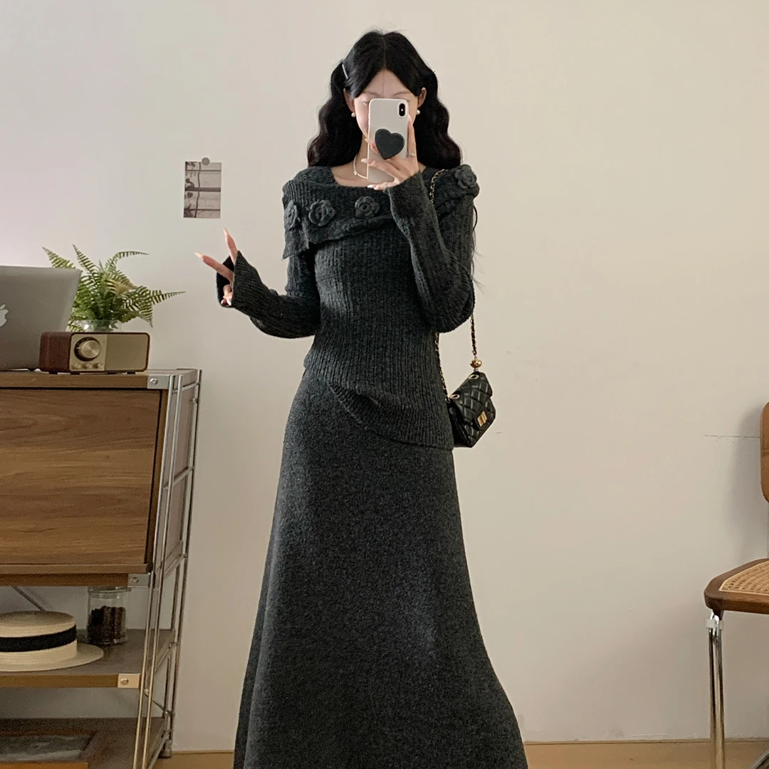 韩系灰色针织连衣裙子女秋冬季2025新款巨好看气质穿搭一整套冬装