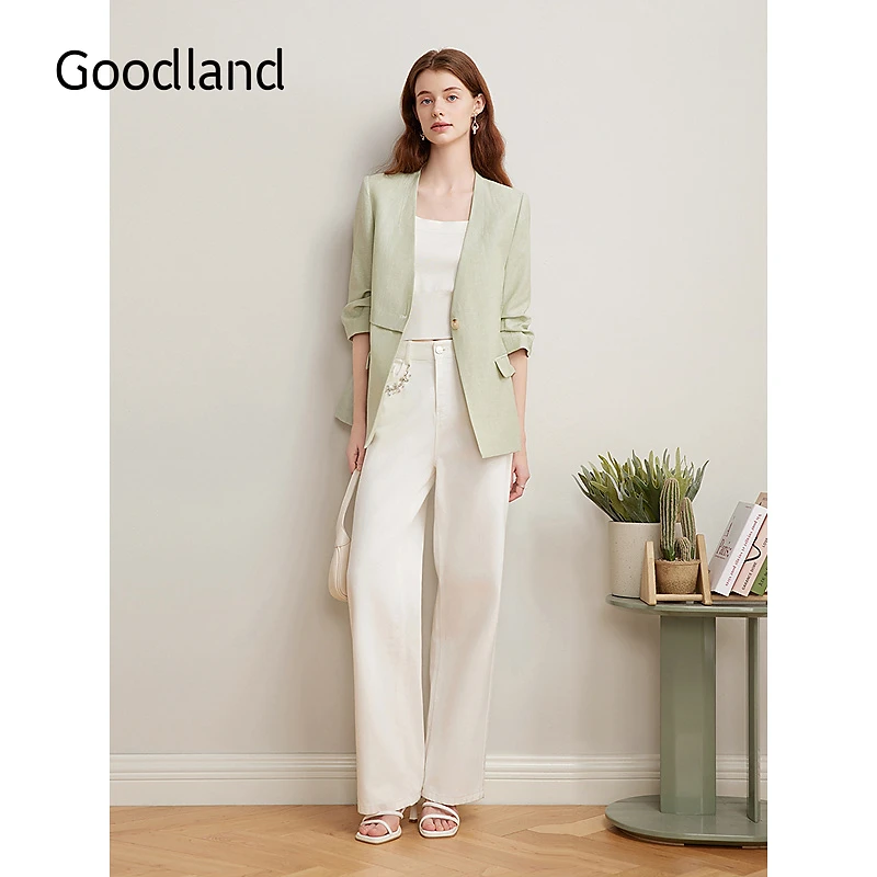 【亚麻+绵羊毛】Goodland美地2025春季新款v领直身简约西装外套