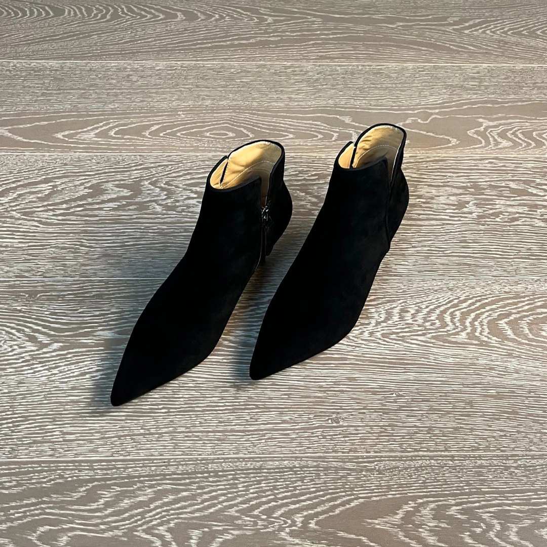 6CM牛翻皮法式短靴高跟磨砂极简风尖头夏胶粘细跟不累脚高跟靴