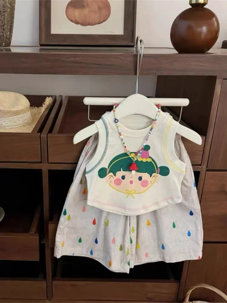 女童夏季套装2025新款洋气女孩度假风卡通背心小雨点直筒裤俩件套
