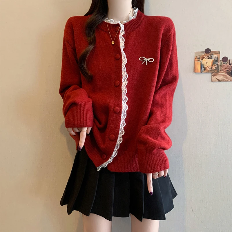 2025冬季新款大码女装时尚设计蕾丝花边拼接针织开衫毛衣外套