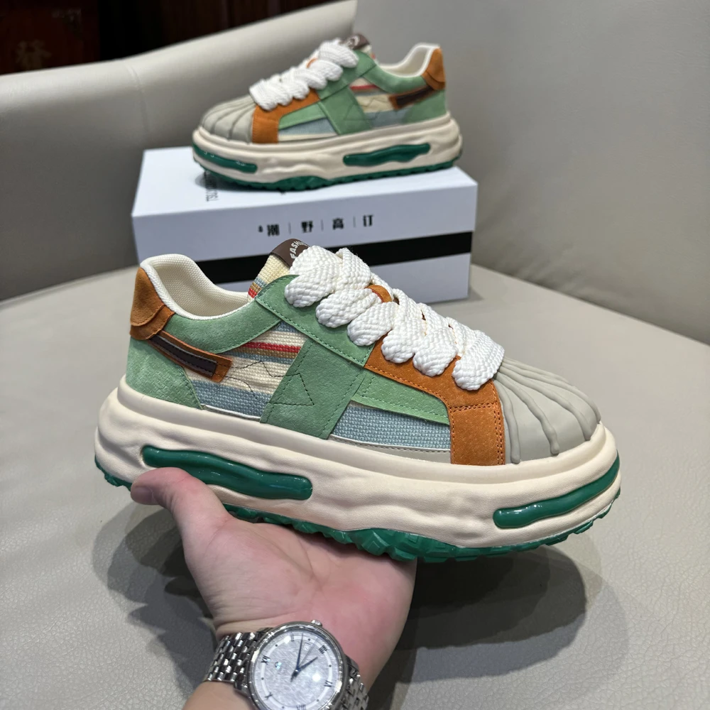 春季新款男士贝壳头休闲鞋时尚百透气炫彩布面拼接搭增高底运动鞋