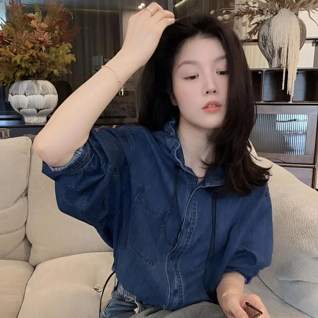 【悦悦专属】早秋慵懒感连帽抽绳牛仔外套Y796