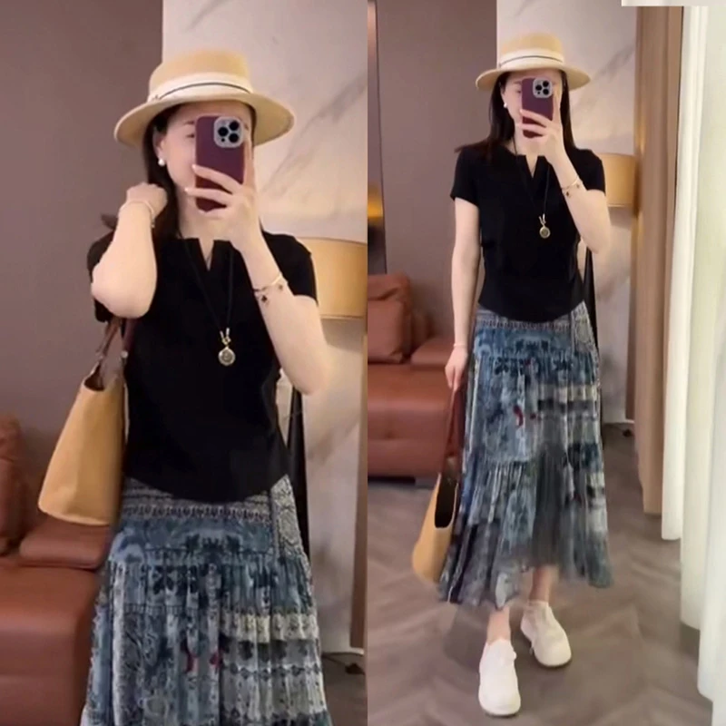 设计感时尚套装女夏季新款洋气短袖T恤上衣印花半身裙休闲两件套