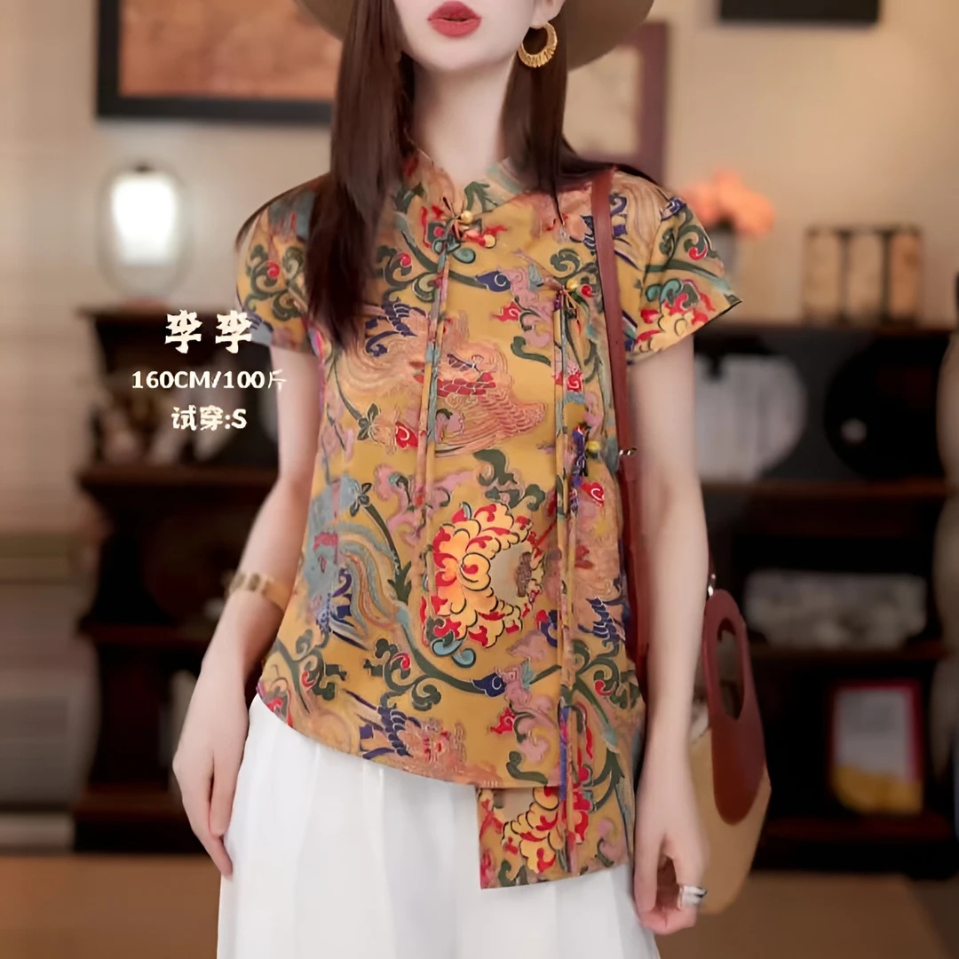 2025夏季新款女士中式斜襟提花短袖衬衫妈妈装复古洋气质小衫上衣