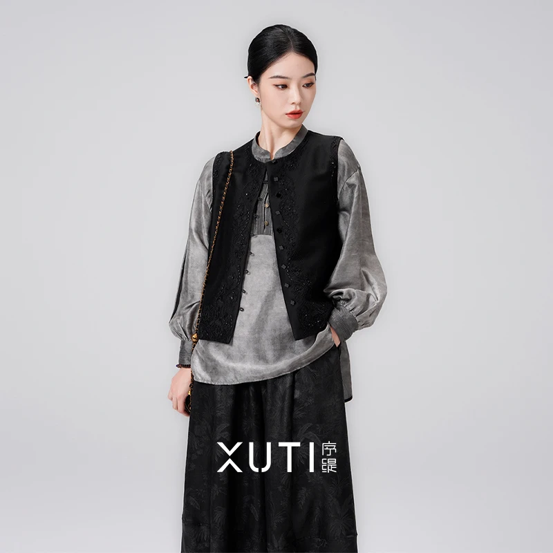 序缇春季新款复古国风新中式女装绵羊毛桑蚕丝马甲S15-6255