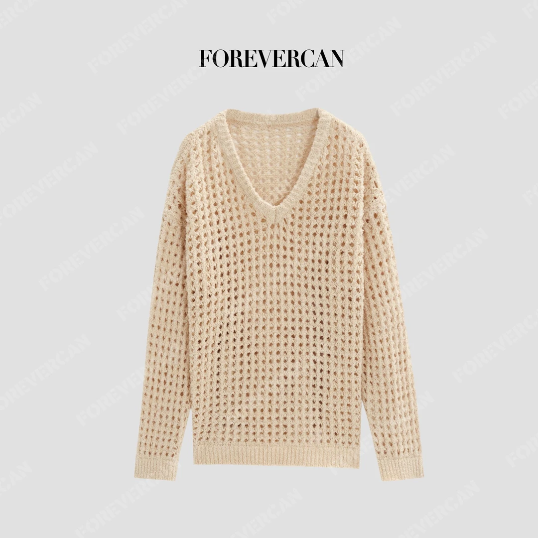 FOREVERCAN“织物脉搏”客订裙带纱镂空V领宽松针织毛衣MY4727