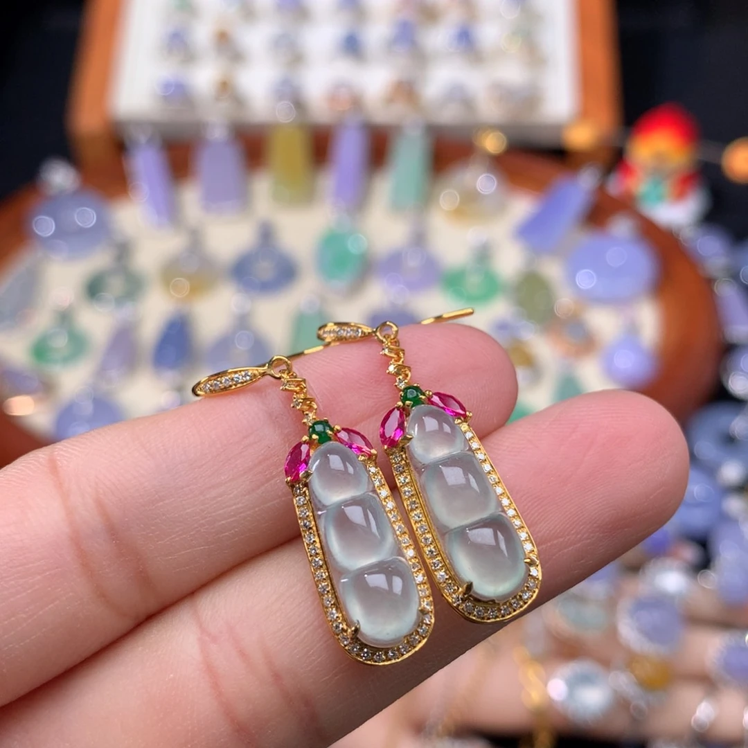 翡翠18K金镶嵌耳饰福豆耳勾