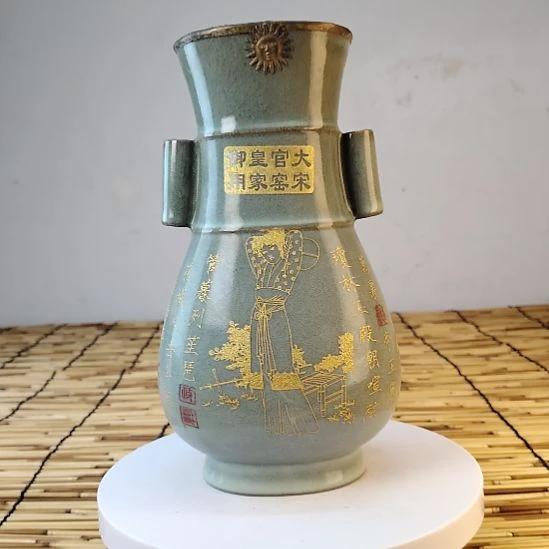 摆件陶汝窑描金包铜口老工艺