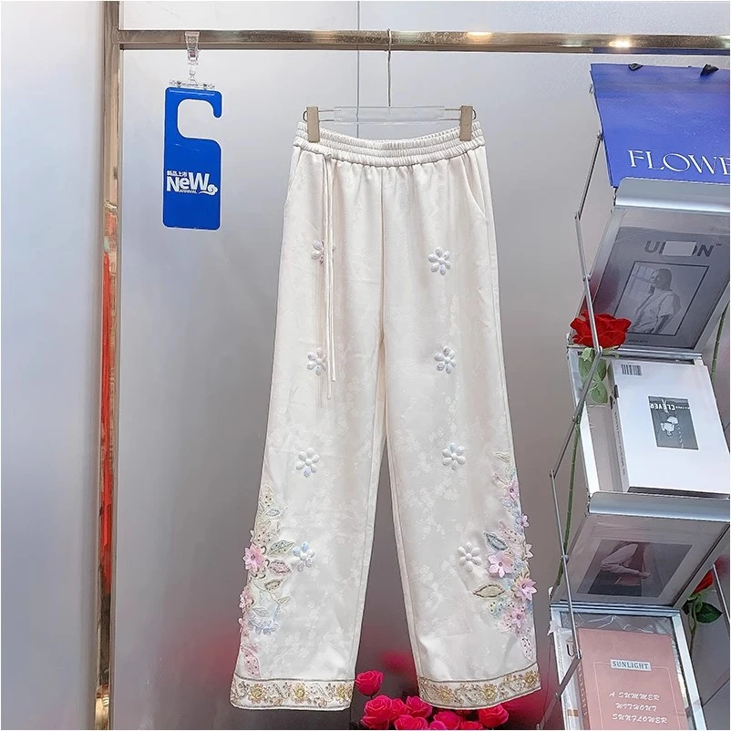 HH1911国潮风设计师2024秋冬新款新中式刺绣花边加绒直筒休闲裤女