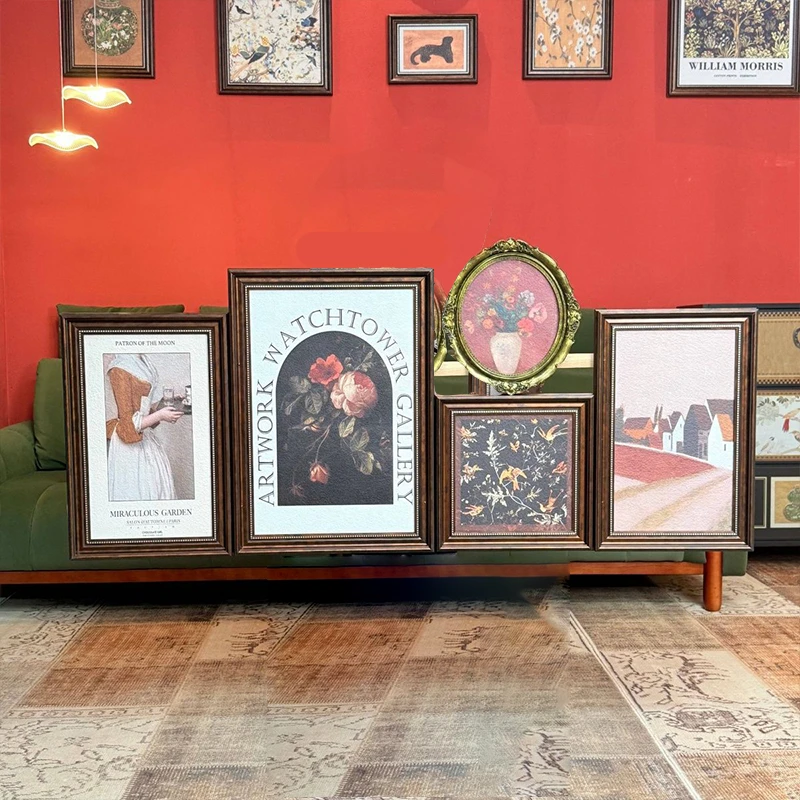 法式轻奢小众艺术感复古花卉格子沙发背景墙法式客厅装饰画五联