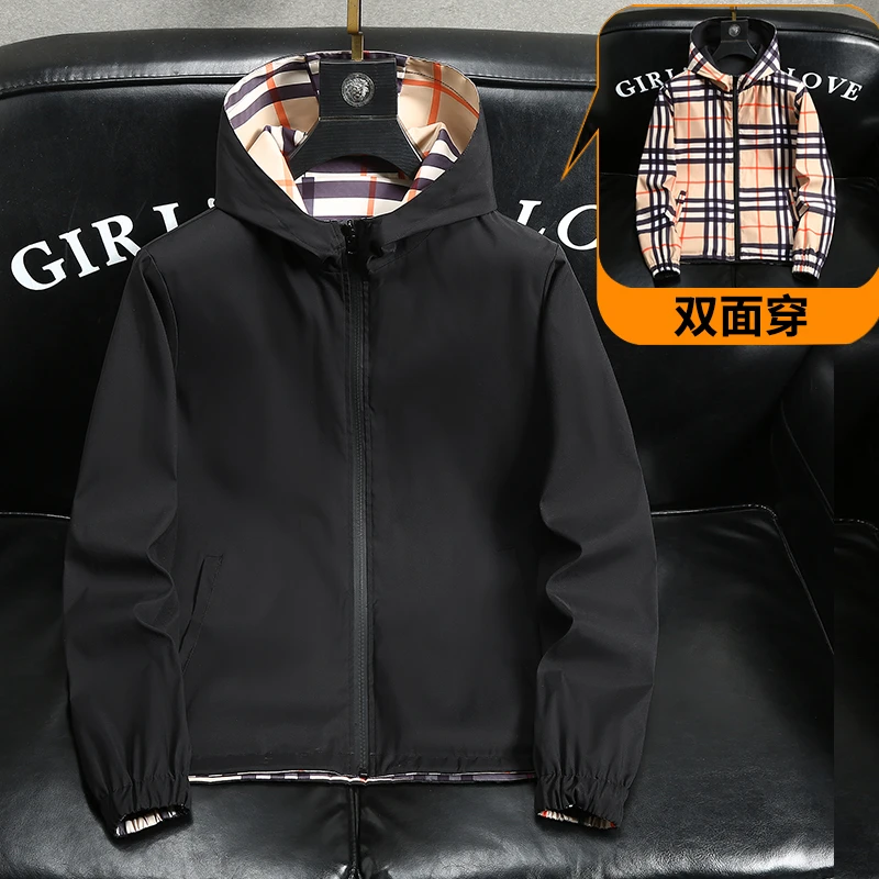 两面穿格子男装贴布连帽春秋大码潮流夹克加厚休闲欧式春季男士
