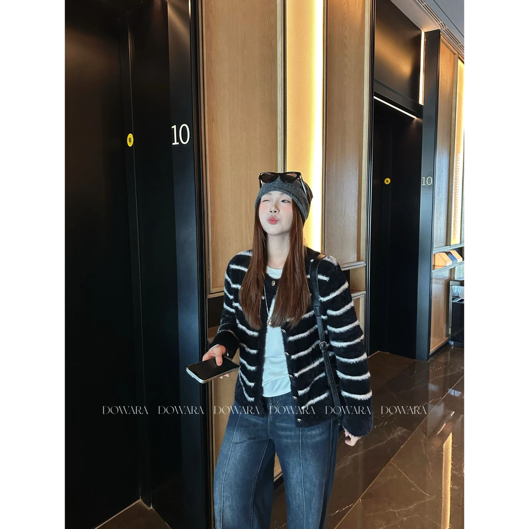 现货1281X大婉酱肉肉微胖定制【西海岸线】黑白条纹毛织开衫女上衣