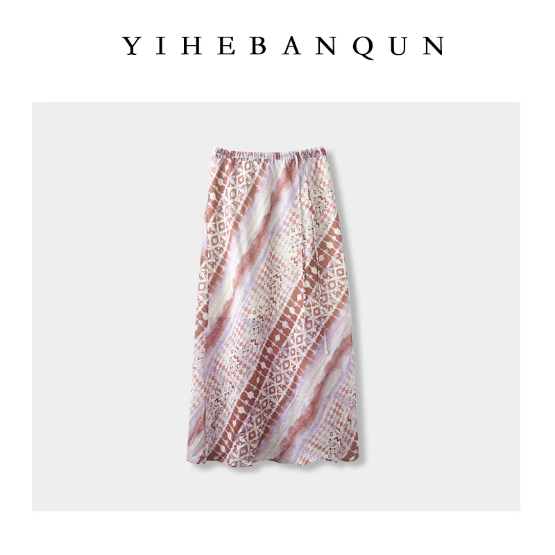 天丝亚麻中长裙2025夏季慵懒休闲碎花裙轻奢高腰松紧系带包臀裙