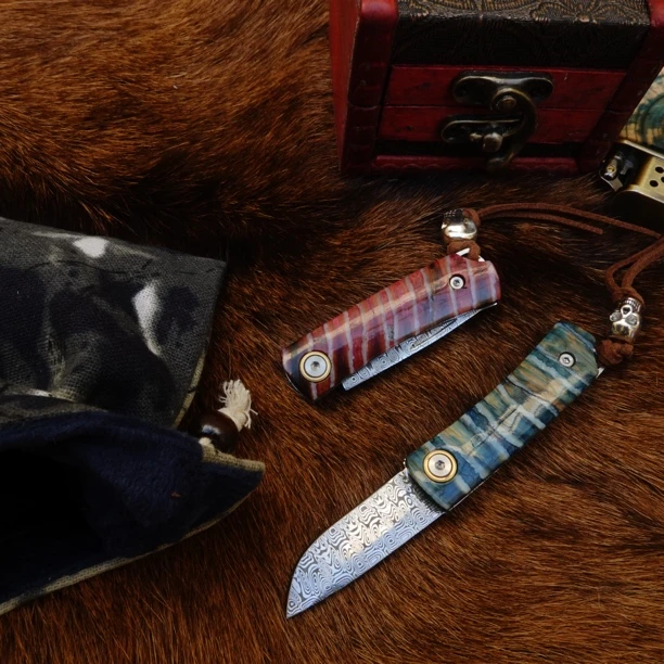 手工锻造猛 犸臼齿柄收藏把玩折叠刀工艺品迷你折刀送礼把玩折刀