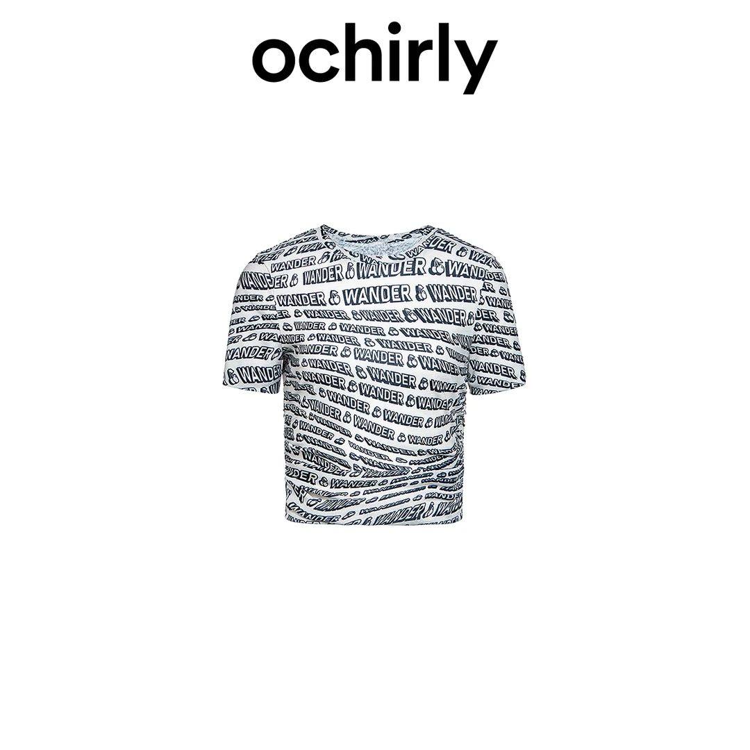 弹力罗纹短袖t恤女OCHIRLY欧时力新款夏装印花设计感短上衣