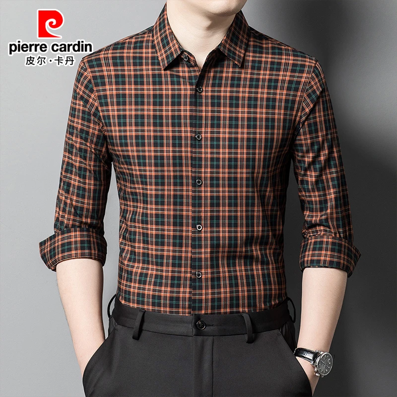 皮尔卡丹男装长袖格子衬衫时尚休闲百搭春秋薄款男士高档抗皱衬衣