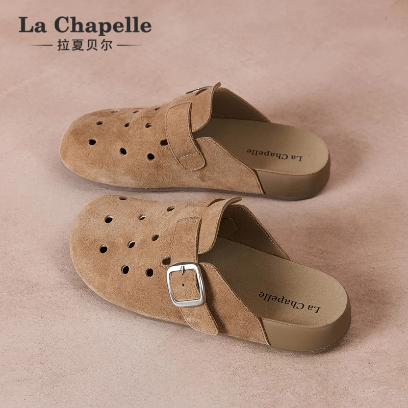 拉夏贝尔真绒皮勃肯半托秋季新款百搭一脚蹬穆勒鞋外穿拖鞋女鞋