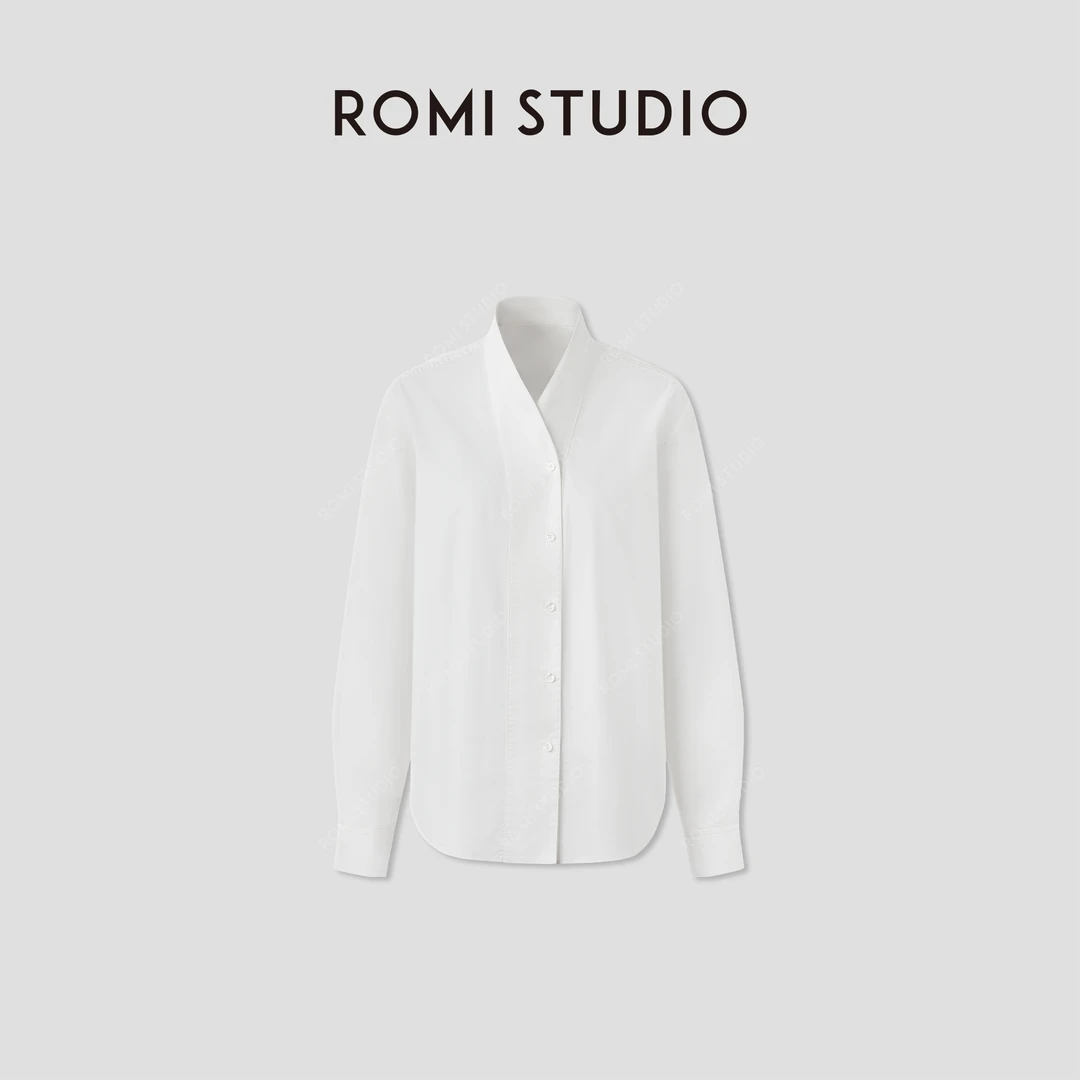 ROMI STUDIO“松弛氛围”轻薄舒适白色棉质立领长袖衬衫 RWCAS64833