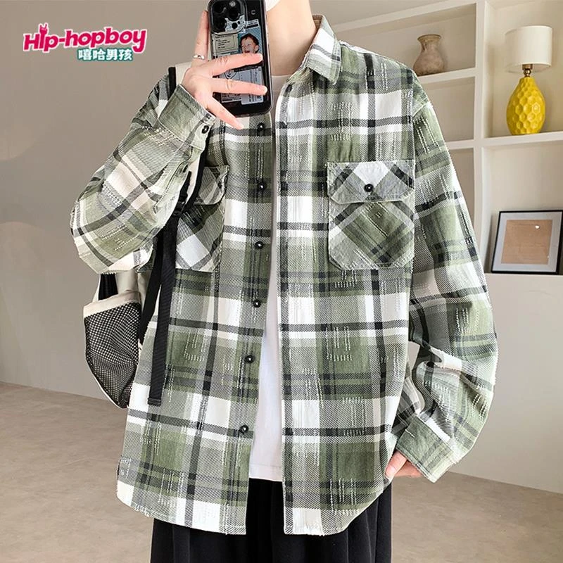 纯棉格子衬衫男长袖春秋款休闲宽松港风外套男青少年痞帅休闲衬衣