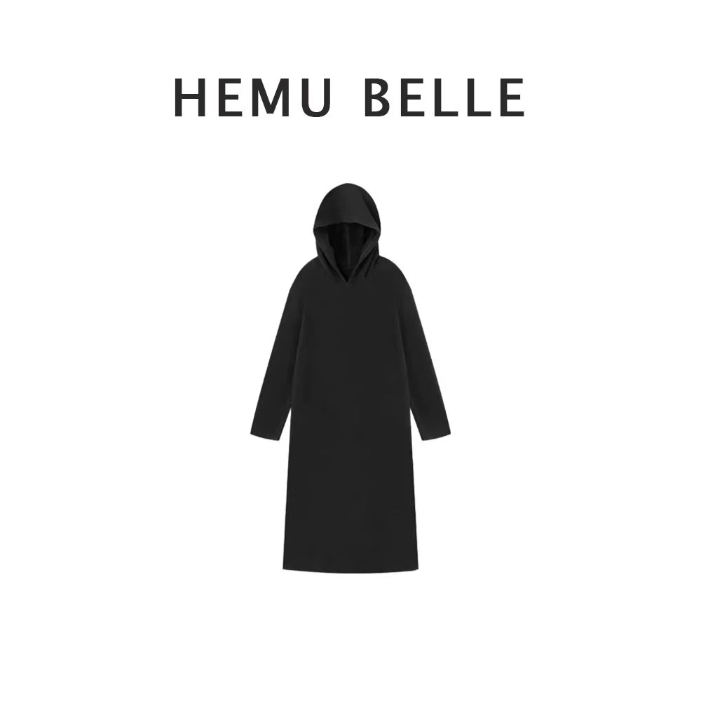 【黑泡芙】连帽V领连衣裙大码女装高端女装V领带帽长款连衣裙时尚