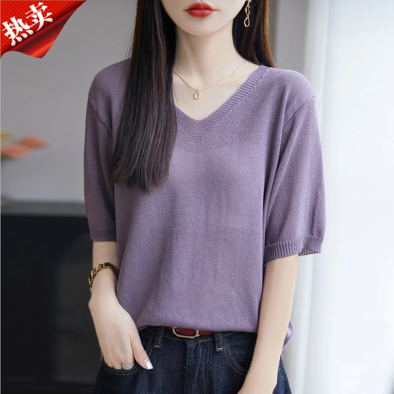 2025新款正品和纸纱V领短袖针织衫上衣纯色百搭气质T恤女装夏季