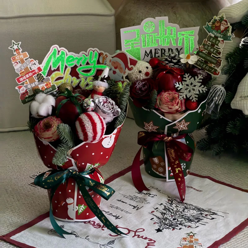 【2单包邮】圣诞节夜光一体定型片苹果鲜花花束diy礼物防水包装纸