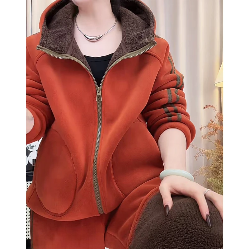 2025冬季奥粒绒休闲宽松开衫上衣简约撞色百搭加绒加厚连帽外套女