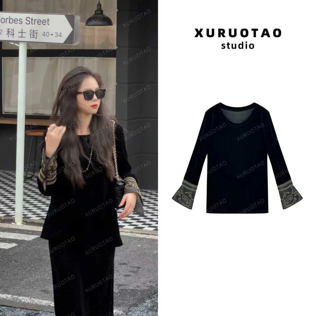XURUOTAO 【夜玫瑰】桑蚕丝丝绒袖口刺绣设计显瘦黑色上衣 T5547
