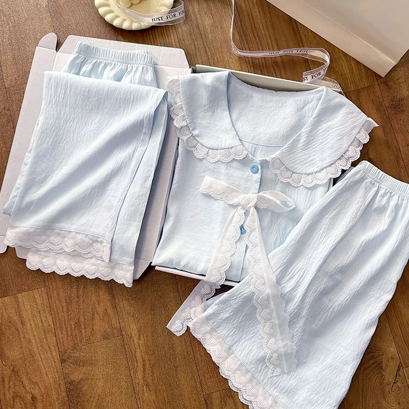 睡衣女夏季薄款短袖长裤可爱甜美2025新款春秋家居服三件套装花边