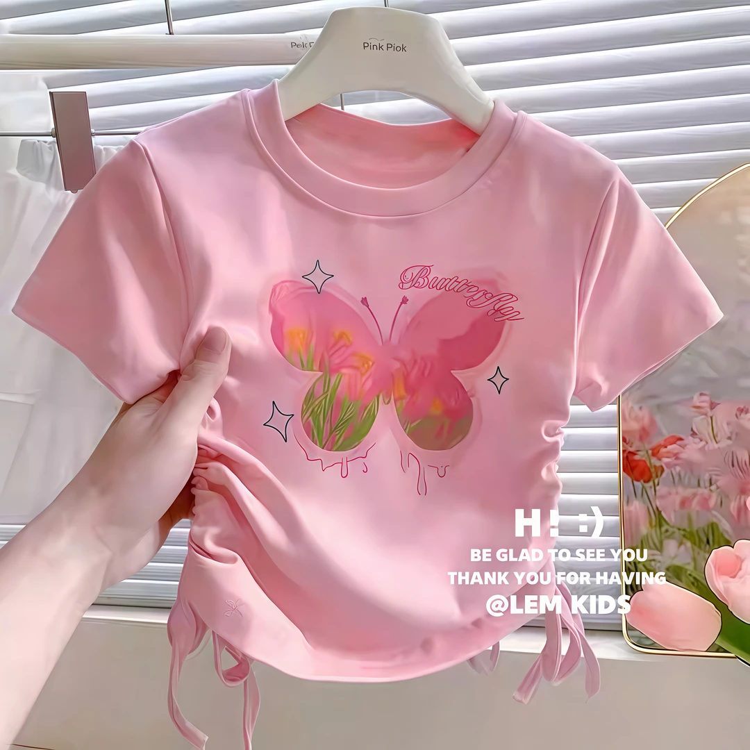 女童短袖t恤纯棉新款女宝宝洋气抽绳上衣夏季甜美女孩夏装衣服T潮