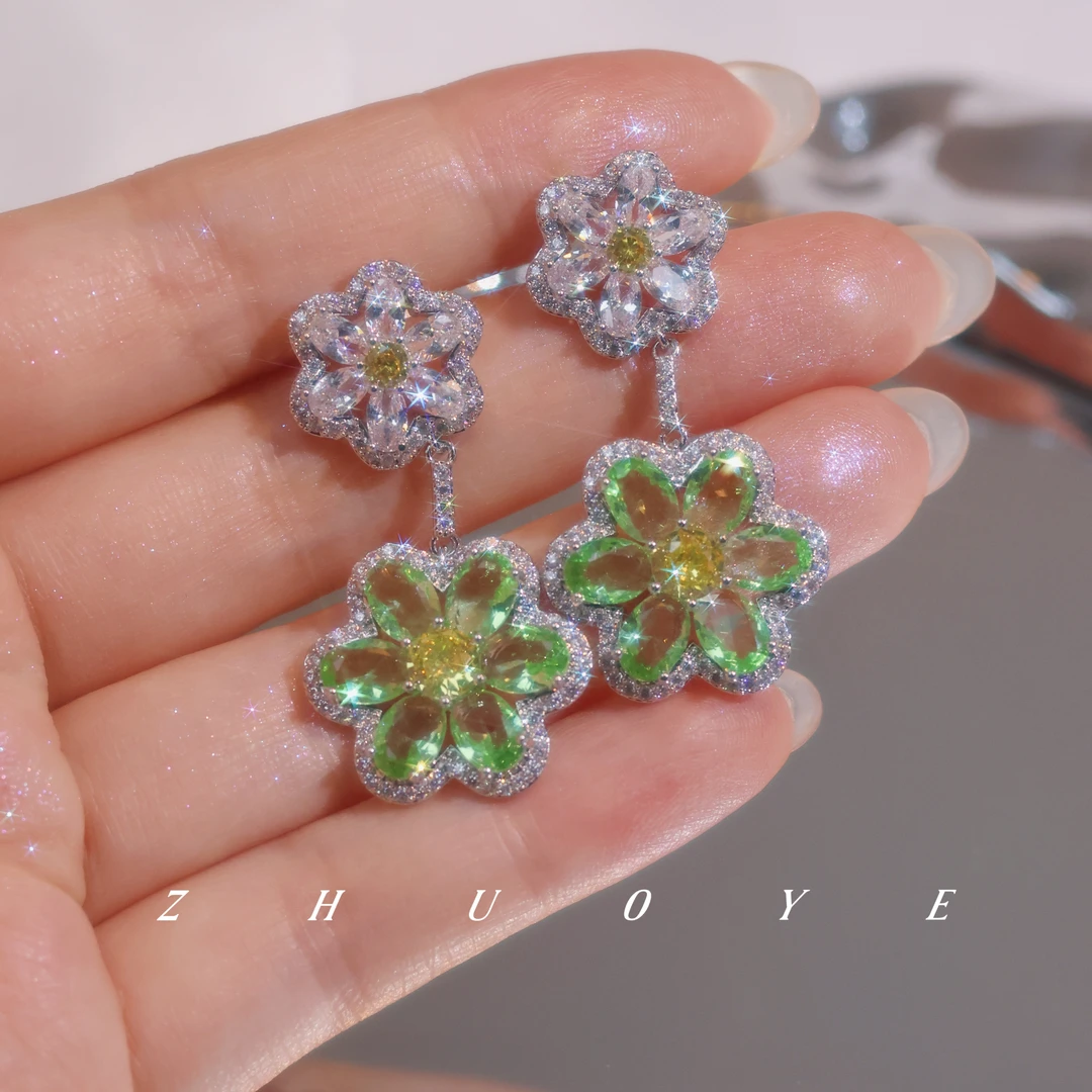铜合金耳饰 灼晔•春日之花 爆闪彩锆花朵耳环 高级甜美时尚