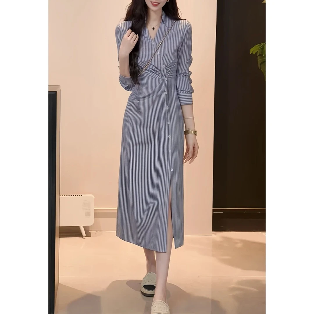 2025春季复古百搭显瘦开叉连衣裙女新款时尚法式条纹收腰衬衫裙子